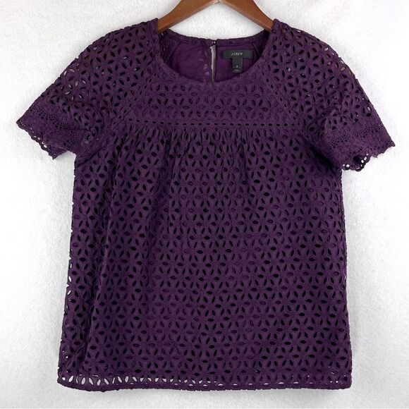 J. Crew Top Women's Size 0 Cutout Lace Overlay Eggplant Purple 100% Cotton Lined - Picture 1 of 6